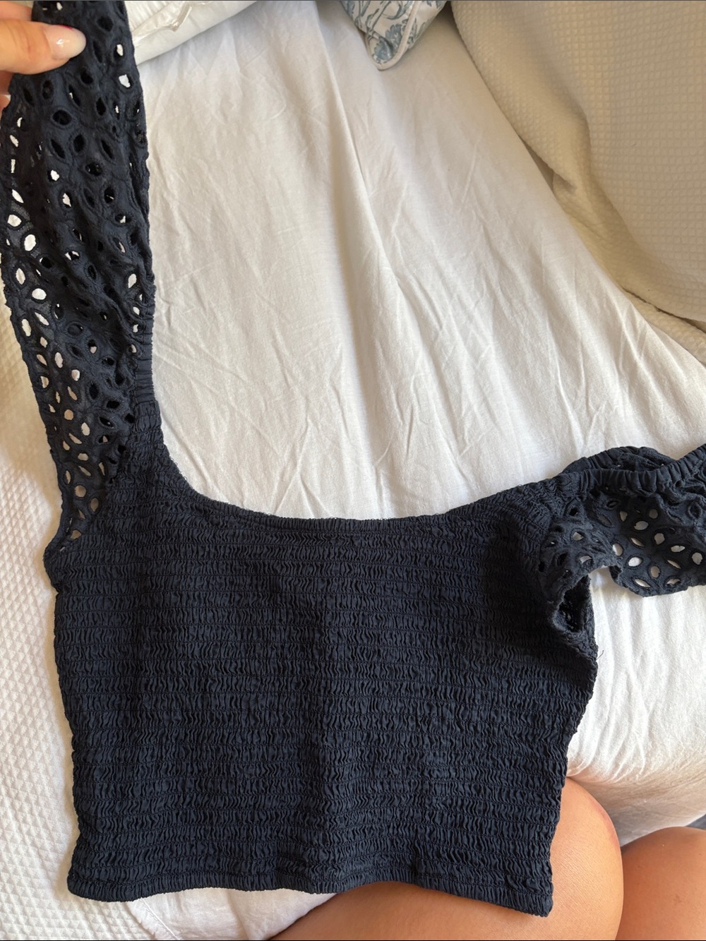 H&M Black Eyelet Puff Sleeve Smocked Crop Top